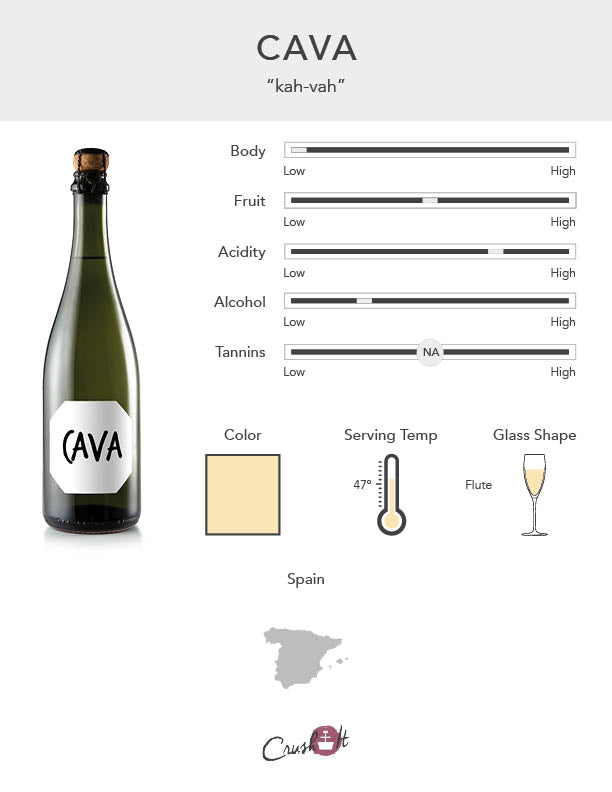 Cava Infographic showing wine profile for Cava, wine color for Cava, serving temperature for Cava, glass style for Cava, and countries that produce Cava