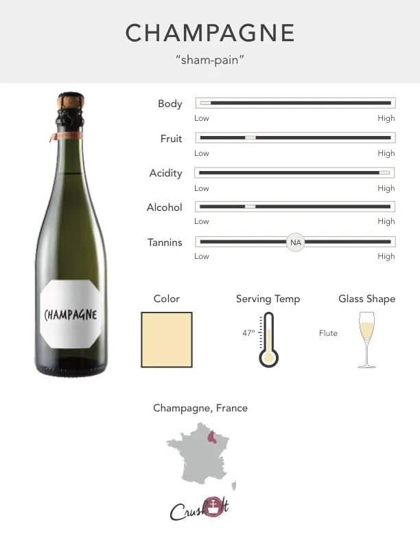 Champagne Grape Infographic showing wine profile for Champagne, wine color for Champagne, serving temperature for Champagne, glass style for Champagne, and countries that produce Champagne