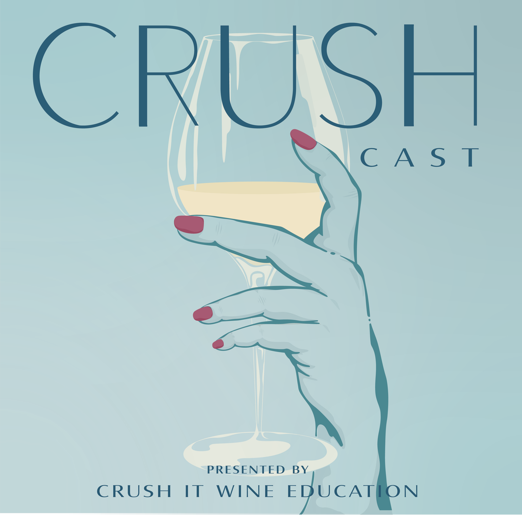 CrushCast Logo - Crush It's Wine Education Podcast. CrushCast name with a hand holding a wine glass filled with white wine