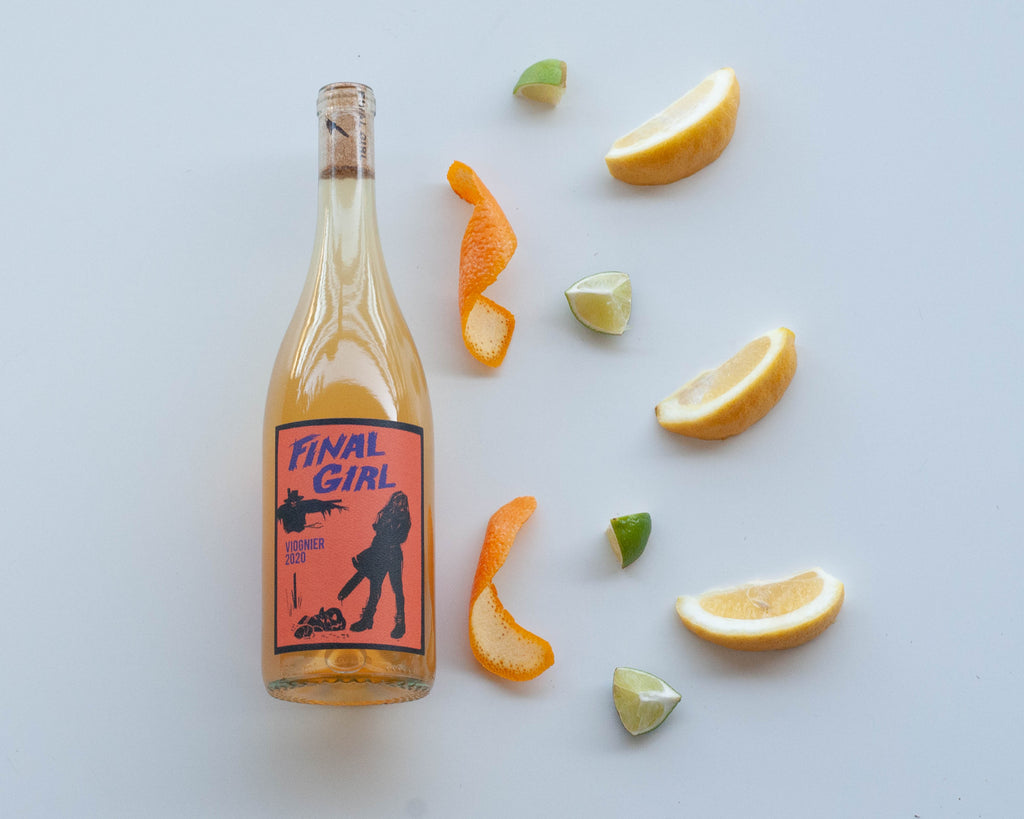 Visual wine tasting notes for Final Girl Viognier Orange wine - wine bottle with lemon, lime, and orange peel